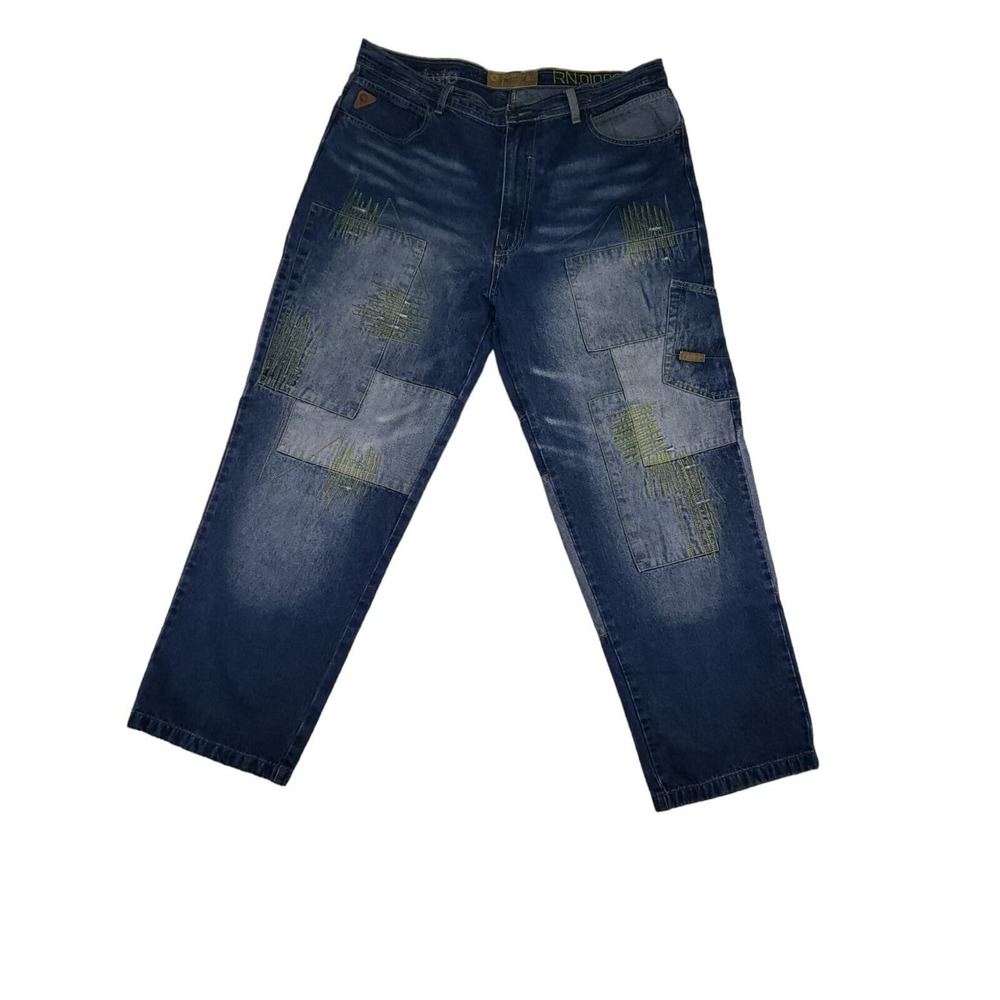 Vintage 90s Y2K Akademiks Denim Patchwork Jeans Baggy Hip Hop Sz 40